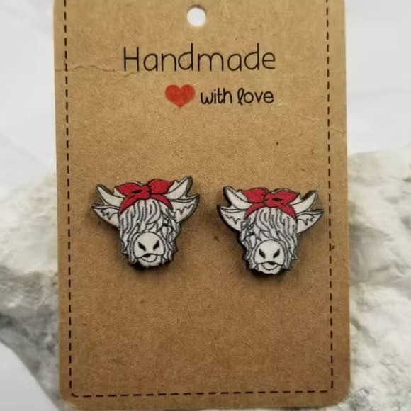 Western Highland Cow Wooden Stud Earrings - Picture 2 of 2